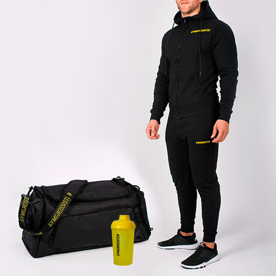 Klädset (mjukisbyxor + hoodie) ihop med gymväska och shaker Herr