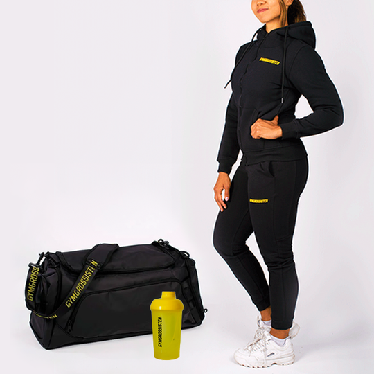 Klädset (mjukisbyxor + hoodie) ihop med gymväska och shaker Dam